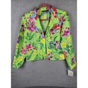Transitions Blazer Jacket Womens S Green Colorful Silk Flip Cuffs Floral Open